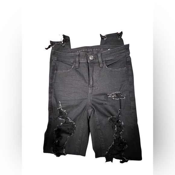 American Eagle Outfitters Black Hi Rise Distressed Jeans 2 Regular - Picture 6 of 6